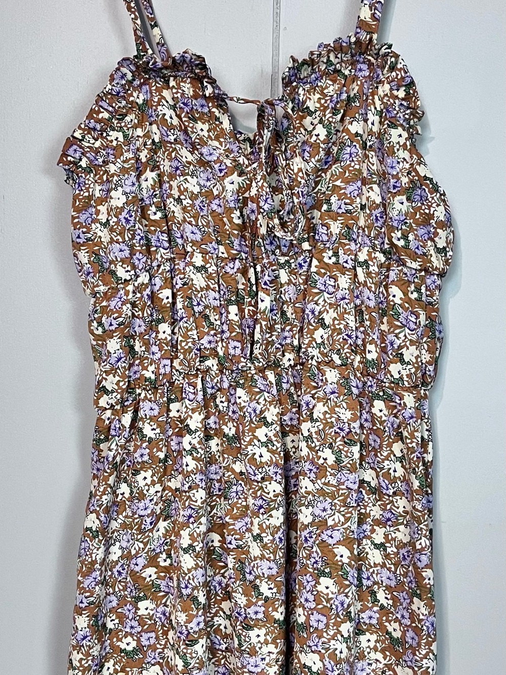 Brave Soul London Floral Tie Strap Mini Dress Brown Purple Medium